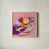 Clear Cup of Tea With Lemon by Kate Jarvik Birch. Shown in a natural wood glass frame for a timeless modern aesthetic. Available as an archival giclee rolled canvas, fine art paper, or poster print. SKU 98593a.