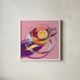 Clear Cup of Tea With Lemon by Kate Jarvik Birch. Shown in a crisp white glass frame for a clean and minimalist style. Available as an archival giclee rolled canvas, fine art paper, or poster print. SKU 98593a.