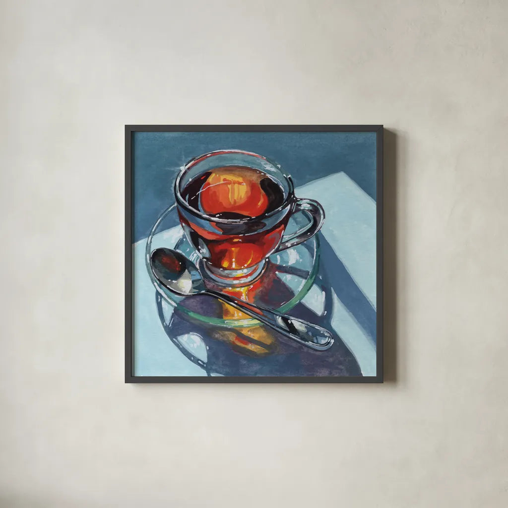 Clear Teacup Morning Light by Kate Jarvik Birch. Shown in a sleek black glass frame for a contemporary gallery look. Available as an archival giclee rolled canvas, fine art paper, or poster print. SKU 102968a.