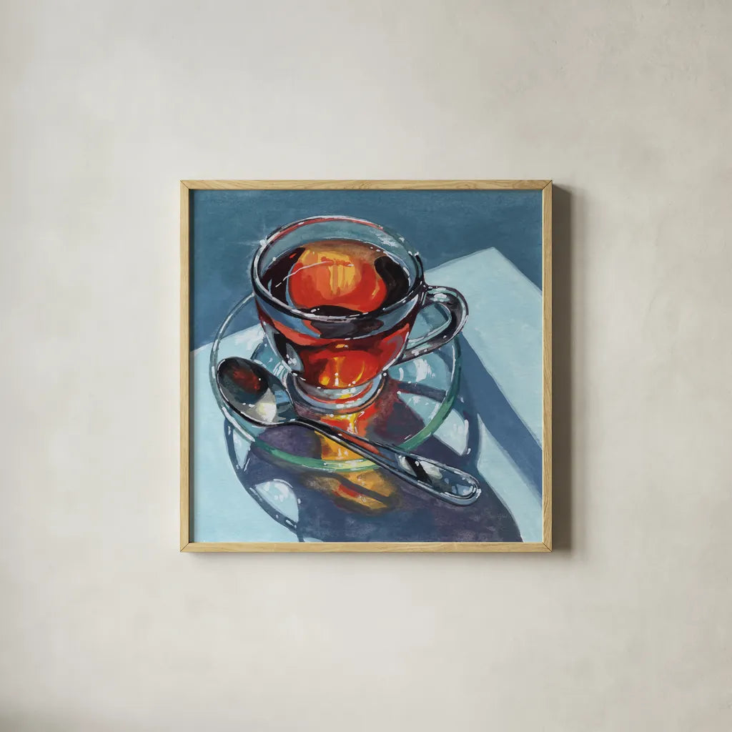 Clear Teacup Morning Light by Kate Jarvik Birch. Shown in a natural wood glass frame for a timeless modern aesthetic. Available as an archival giclee rolled canvas, fine art paper, or poster print. SKU 102968a.