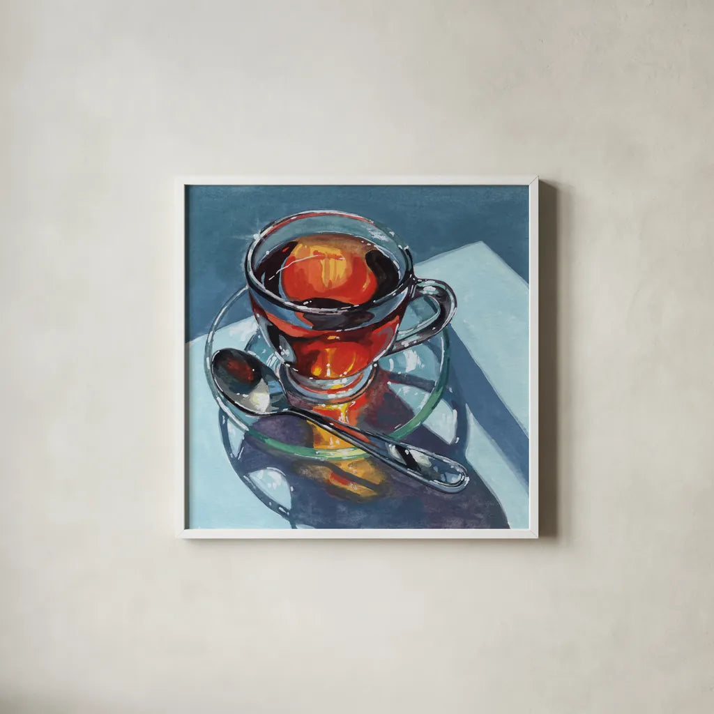 Clear Teacup Morning Light by Kate Jarvik Birch. Shown in a crisp white glass frame for a clean and minimalist style. Available as an archival giclee rolled canvas, fine art paper, or poster print. SKU 102968a.
