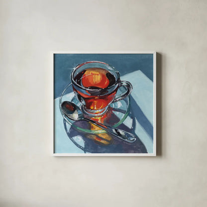 Clear Teacup Morning Light by Kate Jarvik Birch. Shown in a crisp white glass frame for a clean and minimalist style. Available as an archival giclee rolled canvas, fine art paper, or poster print. SKU 102968a.