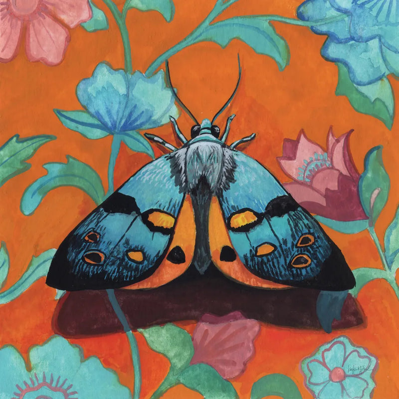 Colorful Moth on Pattern by Kate Jarvik Birch. SKU 100952a. Archival Giclee Fine art print for wall decor.