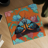 Colorful Moth on Pattern by Kate Jarvik Birch. Shown as a detailed flat fine art print, highlighting archival giclee quality. Available as an archival giclee rolled canvas, fine art paper, or poster print. SKU 100952a.
