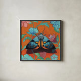 Colorful Moth on Pattern by Kate Jarvik Birch. Shown in a sleek black glass frame for a contemporary gallery look. Available as an archival giclee rolled canvas, fine art paper, or poster print. SKU 100952a.