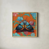 Colorful Moth on Pattern by Kate Jarvik Birch. Shown in a natural wood glass frame for a timeless modern aesthetic. Available as an archival giclee rolled canvas, fine art paper, or poster print. SKU 100952a.