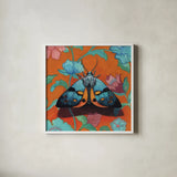 Colorful Moth on Pattern by Kate Jarvik Birch. Shown in a crisp white glass frame for a clean and minimalist style. Available as an archival giclee rolled canvas, fine art paper, or poster print. SKU 100952a.