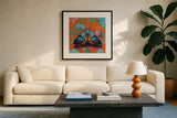 Colorful Moth on Pattern by Kate Jarvik Birch. Displayed in a glass frame with matte in a clean modern living room. Available as an archival giclee rolled canvas, fine art paper, or poster print. SKU 100952a.