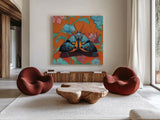 Colorful Moth on Pattern by Kate Jarvik Birch. Shown as extra-large giant wall art in a modern living room. Available as an archival giclee rolled canvas, fine art paper, or poster print. SKU 100952a.