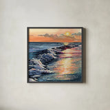 Colorful Sunset on The Waves by Kate Jarvik Birch. Shown in a sleek black glass frame for a contemporary gallery look. Available as an archival giclee rolled canvas, fine art paper, or poster print. SKU 98594a.