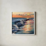 Colorful Sunset on The Waves by Kate Jarvik Birch. Shown in a crisp white glass frame for a clean and minimalist style. Available as an archival giclee rolled canvas, fine art paper, or poster print. SKU 98594a.