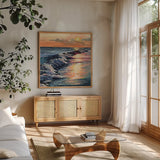 Colorful Sunset on The Waves by Kate Jarvik Birch. Shown in a natural wood frame in a cozy modern living room. Available as an archival giclee rolled canvas, fine art paper, or poster print. SKU 98594a.