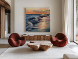 Colorful Sunset on The Waves by Kate Jarvik Birch. Shown as extra-large giant wall art in a modern living room. Available as an archival giclee rolled canvas, fine art paper, or poster print. SKU 98594a.