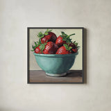 Country Kitchen Strawberries by Kate Jarvik Birch. Shown in a sleek black glass frame for a contemporary gallery look. Available as an archival giclee rolled canvas, fine art paper, or poster print. SKU 100955a.
