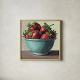 Country Kitchen Strawberries by Kate Jarvik Birch. Shown in a natural wood glass frame for a timeless modern aesthetic. Available as an archival giclee rolled canvas, fine art paper, or poster print. SKU 100955a.