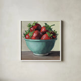 Country Kitchen Strawberries by Kate Jarvik Birch. Shown in a crisp white glass frame for a clean and minimalist style. Available as an archival giclee rolled canvas, fine art paper, or poster print. SKU 100955a.