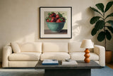 Country Kitchen Strawberries by Kate Jarvik Birch. Displayed in a glass frame with matte in a clean modern living room. Available as an archival giclee rolled canvas, fine art paper, or poster print. SKU 100955a.