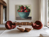 Country Kitchen Strawberries by Kate Jarvik Birch. Shown as extra-large giant wall art in a modern living room. Available as an archival giclee rolled canvas, fine art paper, or poster print. SKU 100955a.