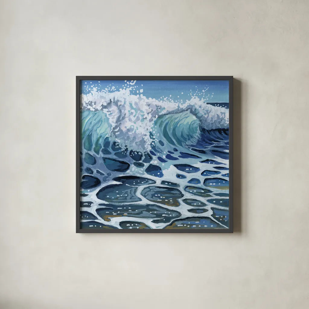 Crashing Waves on Beach by Kate Jarvik Birch. Shown in a sleek black glass frame for a contemporary gallery look. Available as an archival giclee rolled canvas, fine art paper, or poster print. SKU 98598a.