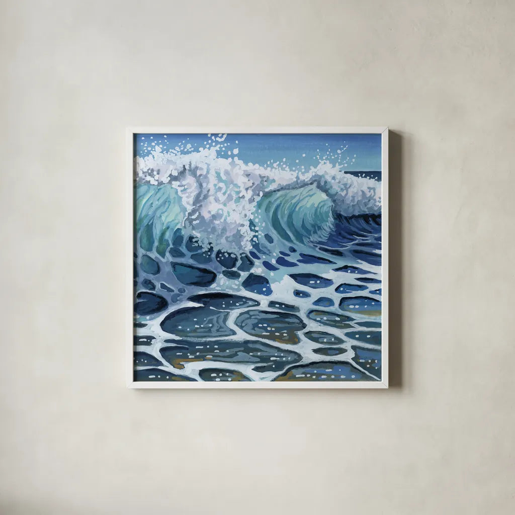 Crashing Waves on Beach by Kate Jarvik Birch. Shown in a crisp white glass frame for a clean and minimalist style. Available as an archival giclee rolled canvas, fine art paper, or poster print. SKU 98598a.