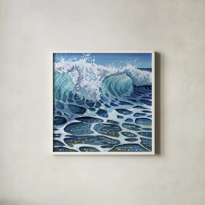 Crashing Waves on Beach by Kate Jarvik Birch. Shown in a crisp white glass frame for a clean and minimalist style. Available as an archival giclee rolled canvas, fine art paper, or poster print. SKU 98598a.