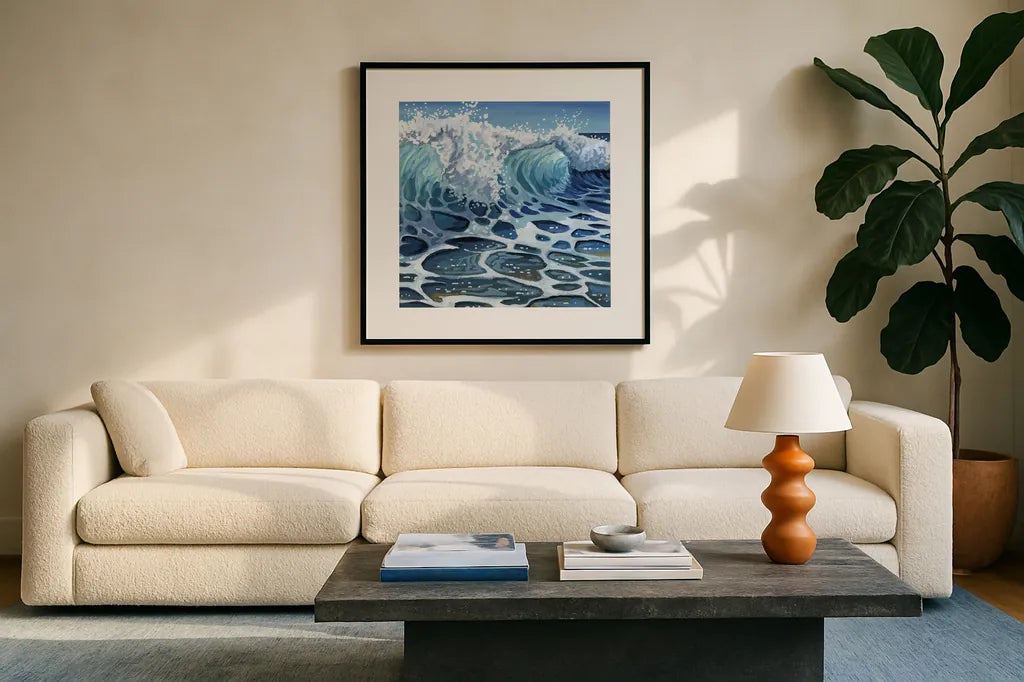 Crashing Waves on Beach by Kate Jarvik Birch. Displayed in a glass frame with matte in a clean modern living room. Available as an archival giclee rolled canvas, fine art paper, or poster print. SKU 98598a.