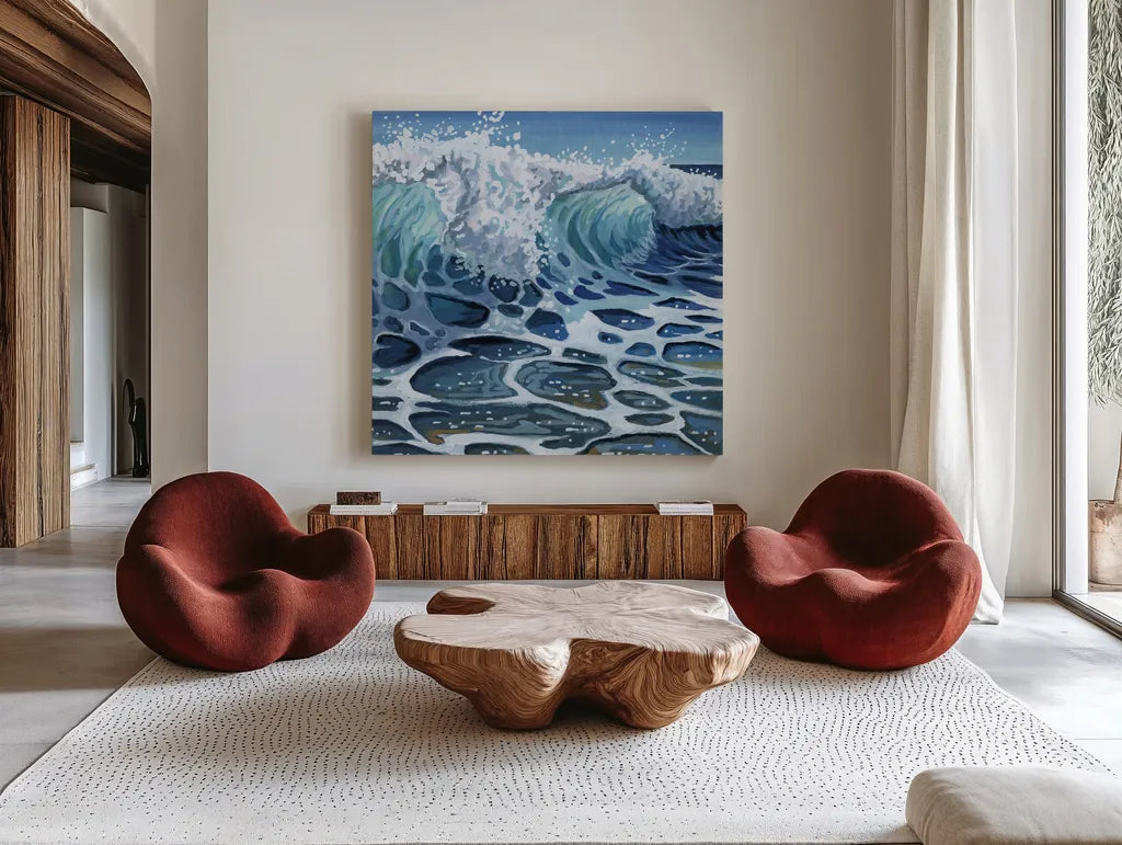 Crashing Waves on Beach by Kate Jarvik Birch. Shown as extra-large giant wall art in a modern living room. Available as an archival giclee rolled canvas, fine art paper, or poster print. SKU 98598a.