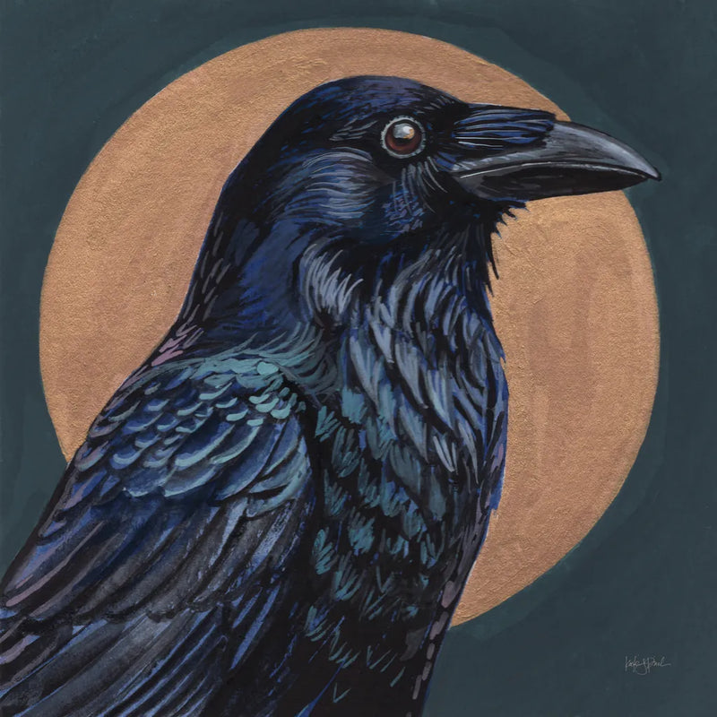 Crow By Golden Moon by Kate Jarvik Birch. SKU 100963a. Archival Giclee Fine art print for wall decor.