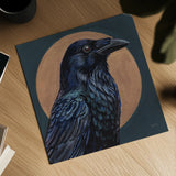 Crow By Golden Moon by Kate Jarvik Birch. Shown as a detailed flat fine art print, highlighting archival giclee quality. Available as an archival giclee rolled canvas, fine art paper, or poster print. SKU 100963a.