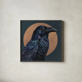 Crow By Golden Moon by Kate Jarvik Birch. Shown in a sleek black glass frame for a contemporary gallery look. Available as an archival giclee rolled canvas, fine art paper, or poster print. SKU 100963a.