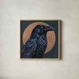 Crow By Golden Moon by Kate Jarvik Birch. Shown in a natural wood glass frame for a timeless modern aesthetic. Available as an archival giclee rolled canvas, fine art paper, or poster print. SKU 100963a.