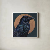 Crow By Golden Moon by Kate Jarvik Birch. Shown in a crisp white glass frame for a clean and minimalist style. Available as an archival giclee rolled canvas, fine art paper, or poster print. SKU 100963a.