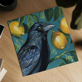 Crow With Lemon Backdrop by Kate Jarvik Birch. Shown as a detailed flat fine art print, highlighting archival giclee quality. Available as an archival giclee rolled canvas, fine art paper, or poster print. SKU 98564a.
