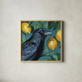 Crow With Lemon Backdrop by Kate Jarvik Birch. Shown in a natural wood glass frame for a timeless modern aesthetic. Available as an archival giclee rolled canvas, fine art paper, or poster print. SKU 98564a.