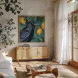 Crow With Lemon Backdrop by Kate Jarvik Birch. Shown in a natural wood frame in a cozy modern living room. Available as an archival giclee rolled canvas, fine art paper, or poster print. SKU 98564a.
