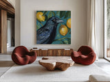 Crow With Lemon Backdrop by Kate Jarvik Birch. Shown as extra-large giant wall art in a modern living room. Available as an archival giclee rolled canvas, fine art paper, or poster print. SKU 98564a.