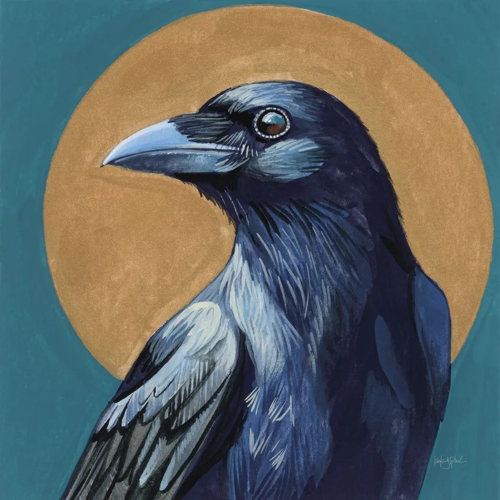 Crow and Golden Sun by Kate Jarvik Birch. SKU 98620a. Archival Giclee Fine art print for wall decor.