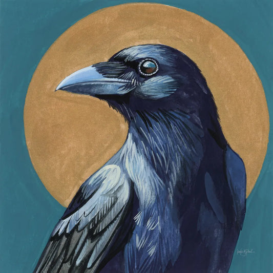 Crow and Golden Sun by Kate Jarvik Birch. SKU 98620a. Archival Giclee Fine art print for wall decor.
