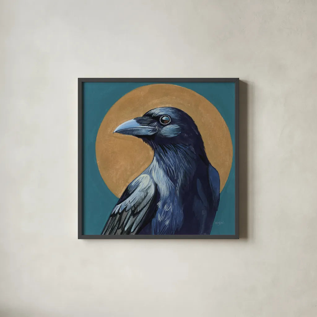 Crow and Golden Sun by Kate Jarvik Birch. Shown in a sleek black glass frame for a contemporary gallery look. Available as an archival giclee rolled canvas, fine art paper, or poster print. SKU 98620a.