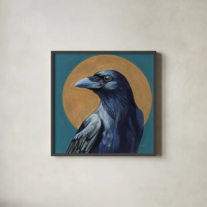 Crow and Golden Sun by Kate Jarvik Birch. Shown in a sleek black glass frame for a contemporary gallery look. Available as an archival giclee rolled canvas, fine art paper, or poster print. SKU 98620a.