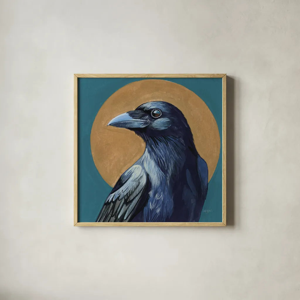 Crow and Golden Sun by Kate Jarvik Birch. Shown in a natural wood glass frame for a timeless modern aesthetic. Available as an archival giclee rolled canvas, fine art paper, or poster print. SKU 98620a.