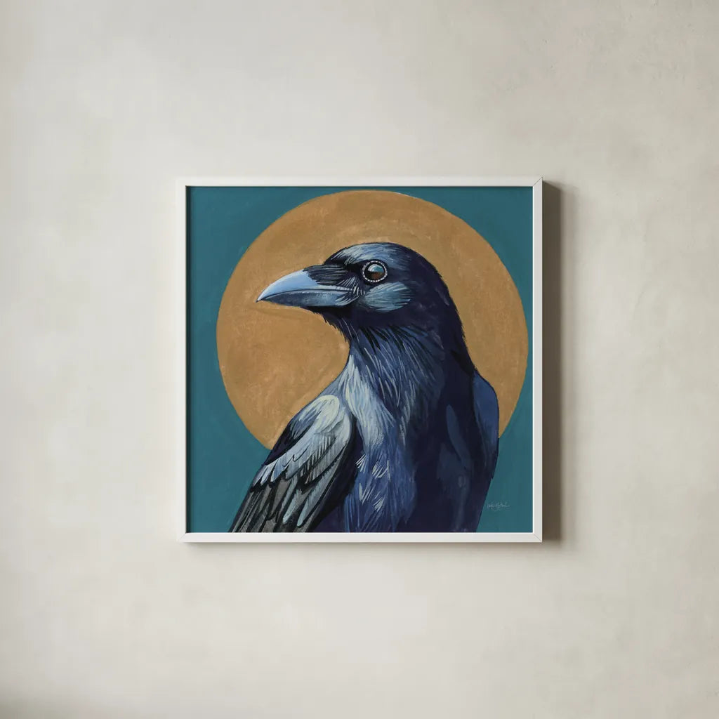 Crow and Golden Sun by Kate Jarvik Birch. Shown in a crisp white glass frame for a clean and minimalist style. Available as an archival giclee rolled canvas, fine art paper, or poster print. SKU 98620a.