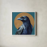 Crow and Golden Sun by Kate Jarvik Birch. Shown in a crisp white glass frame for a clean and minimalist style. Available as an archival giclee rolled canvas, fine art paper, or poster print. SKU 98620a.