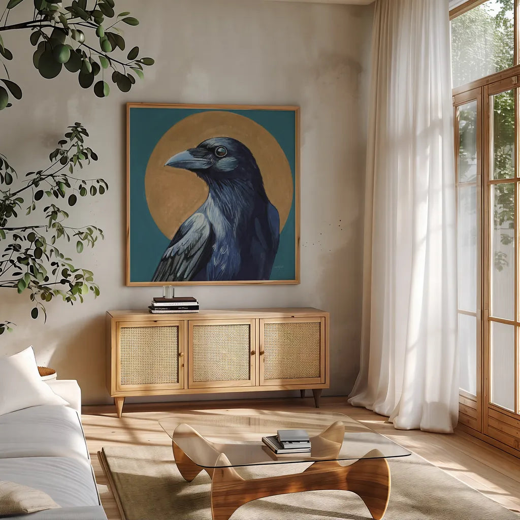 Crow and Golden Sun by Kate Jarvik Birch. Shown in a natural wood frame in a cozy modern living room. Available as an archival giclee rolled canvas, fine art paper, or poster print. SKU 98620a.