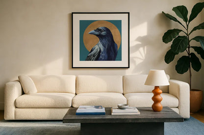 Crow and Golden Sun by Kate Jarvik Birch. Displayed in a glass frame with matte in a clean modern living room. Available as an archival giclee rolled canvas, fine art paper, or poster print. SKU 98620a.