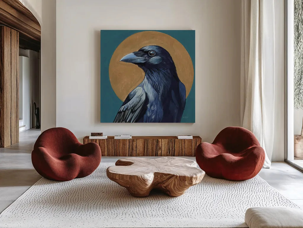 Crow and Golden Sun by Kate Jarvik Birch. Shown as extra-large giant wall art in a modern living room. Available as an archival giclee rolled canvas, fine art paper, or poster print. SKU 98620a.