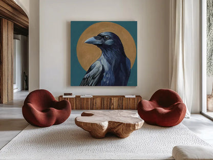 Crow and Golden Sun by Kate Jarvik Birch. Shown as extra-large giant wall art in a modern living room. Available as an archival giclee rolled canvas, fine art paper, or poster print. SKU 98620a.
