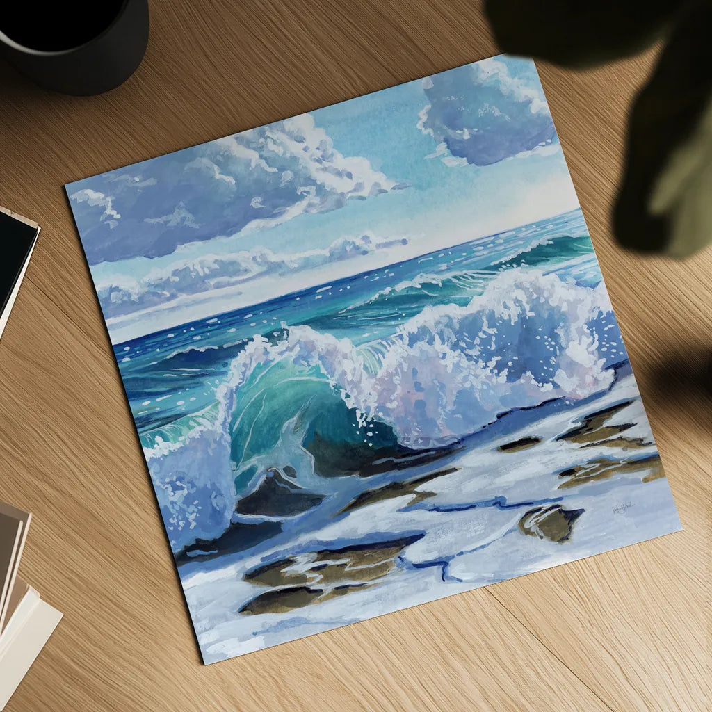 Curling Wave on Shore by Kate Jarvik Birch. Shown as a detailed flat fine art print, highlighting archival giclee quality. Available as an archival giclee rolled canvas, fine art paper, or poster print. SKU 98565a.