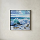 Curling Wave on Shore by Kate Jarvik Birch. Shown in a sleek black glass frame for a contemporary gallery look. Available as an archival giclee rolled canvas, fine art paper, or poster print. SKU 98565a.
