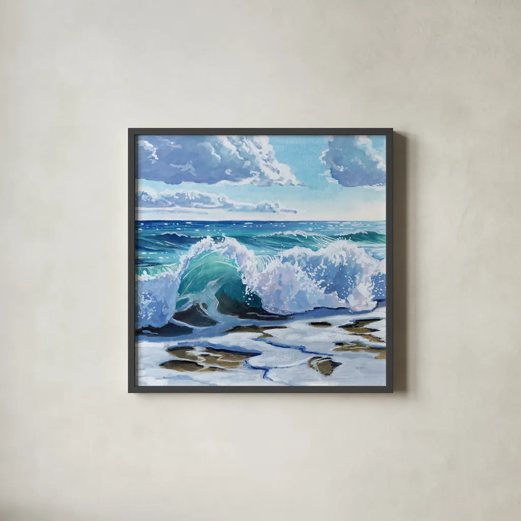 Curling Wave on Shore by Kate Jarvik Birch. Shown in a sleek black glass frame for a contemporary gallery look. Available as an archival giclee rolled canvas, fine art paper, or poster print. SKU 98565a.